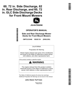 John Deere 60, 72 in. Side Discharge, 62 in. Rear Discharge & 60, 72 in. GLC side Discharge Decks for Front Mount Mowers (Export) Operator's Manual (OMTCU33446)