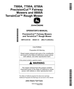 John Deere 7500A, 7700A, 8700A PrecisionCut Fairway Mowers, 8800A TerrainCut Rough Mower (010001-)(North American) Operator's Manual (OMTCU35120)