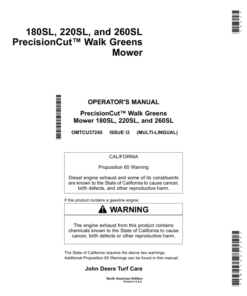 John Deere 180SL, 220SL & 260SL PrecisionCut Walk-Behind Greens Mowers North America (040001-050000) Operator's Manual (OMTCU37245)