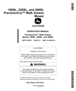 John Deere 180SL, 220SL & 260SL PrecisionCut Walk-Behind Greens Mowers North America (050001-060000) Operator's Manual (OMTCU38874)