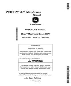 John Deere Z997R Diesel Max-Frame ZTrak (North America) (010001-020000) Operator's Manual (OMTCU39291E)