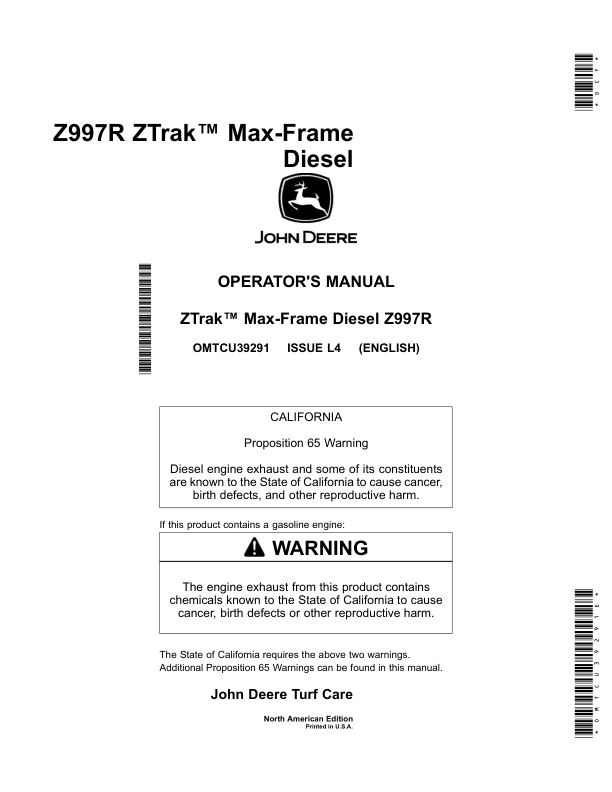 John Deere Z997R Diesel Max-Frame ZTrak (North America) (010001-020000) Operator's Manual (OMTCU39291E)