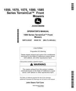 John Deere 1550, 1570, 1575, 1580 & 1585 Series TerrainCut Front Mowers (North America) (010001-020000) Operator's Manual (OMTCU39307)