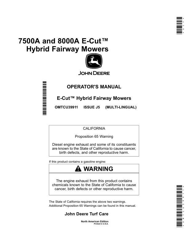 John Deere 7500A, 8000A E-Cut Hybrid Fairway Mowers (030001-) (North American) Operator's Manual (OMTCU39911)