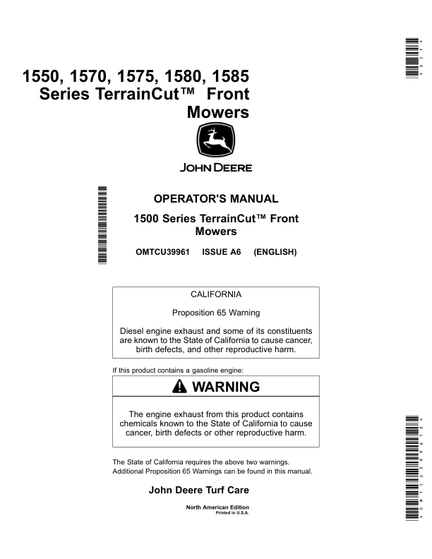 John Deere 1550, 1570, 1575, 1580, 1585, Series TerrainCut Front Mowers (North America) (020001-040000) Operator's Manual (OMTCU39961E)