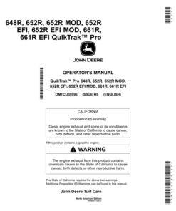John Deere 648R, 652R, 652R MOD, 652R EFI, 652R EFI MOD, 661R, 661R EFI QuikTrak Pro Mowers (North America) (035001-040000) Operator's Manual (OMTCU39996E)