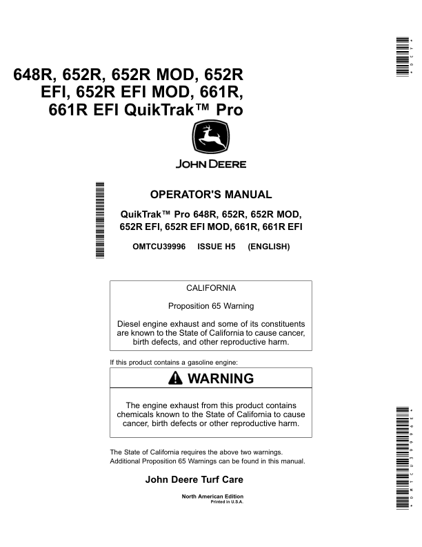 John Deere 648R, 652R, 652R MOD, 652R EFI, 652R EFI MOD, 661R, 661R EFI QuikTrak Pro Mowers (North America) (035001-040000) Operator's Manual (OMTCU39996E)
