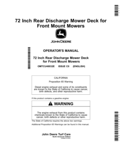 John Deere 48, 50, 54, 60, 72, 76, 172, 261, 272, 1550, 1570, 1575, 1580, 1585 72 Inch Rear Discharge Mower Deck for Front Mount Mowers (260001-) Operator's Manual (OMTCU40032E)