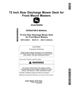 John Deere 72 Inch Rear Discharge Mower Deck for Front Mount Mowers (260001-) (North American) Operator's Manual (OMTCU40032)