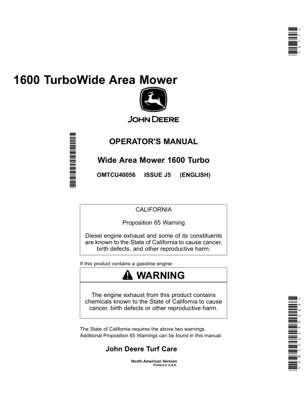John Deere 1600 Wide Area Turbo Mowers (North America) (400001-) Operator's Manual (OMTCU40056E)