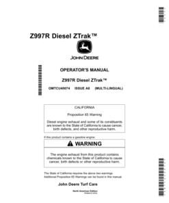 John Deere Z997R Diesel ZTrak (02001-) (North American) Operator's Manual (OMTCU40074)
