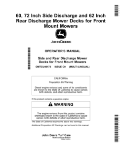 John Deere 60, 72 Inch Side Discharge, 62 Inch Rear Discharge Mower Decks for Front Mount Mowers (030001-) (North American) Operator's Manual (OMTCU40173)