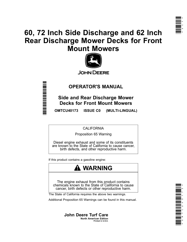 John Deere 60, 72 Inch Side Discharge, 62 Inch Rear Discharge Mower Decks for Front Mount Mowers (030001-) (North American) Operator's Manual (OMTCU40173)