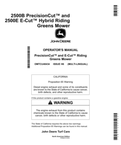 John Deere 2500B PrecisionCut, 2500E E-Cut Hybrid Riding Greens Mower (North American) Operator's Manual (OMTCU40434)