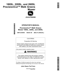 John Deere 180SL, 220SL, 260SL PrecisionCut Walk Greens Mower (North American) Operator's Manual (OMTCU40493)