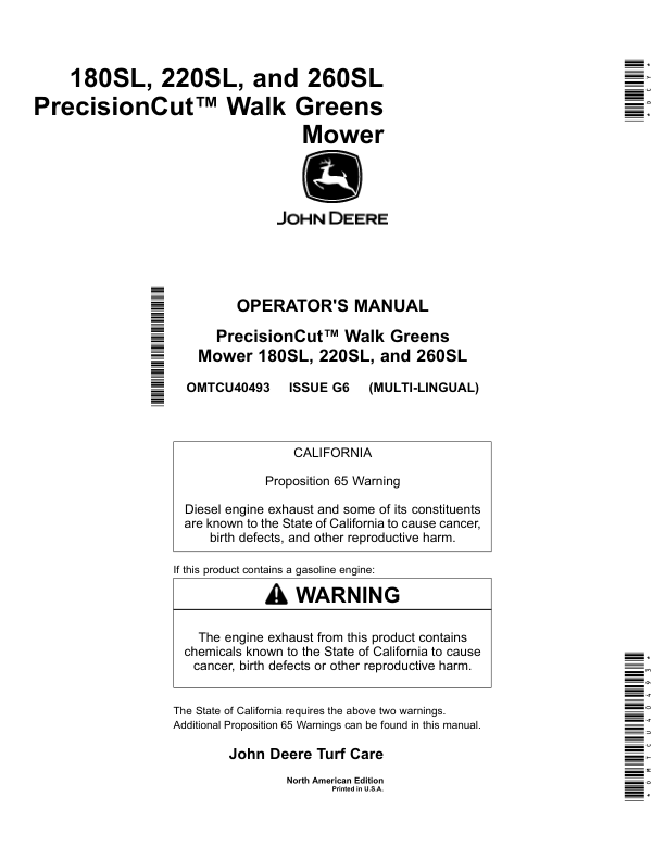 John Deere 180SL, 220SL, 260SL PrecisionCut Walk Greens Mower (North American) Operator's Manual (OMTCU40493)