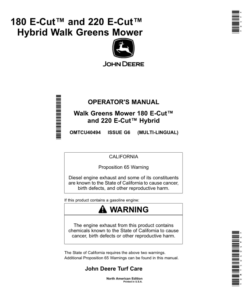 John Deere 180 E-Cut, 220 E-Cut Hybrid Walk Greens Mower (North American) Operator's Manual (OMTCU40494)