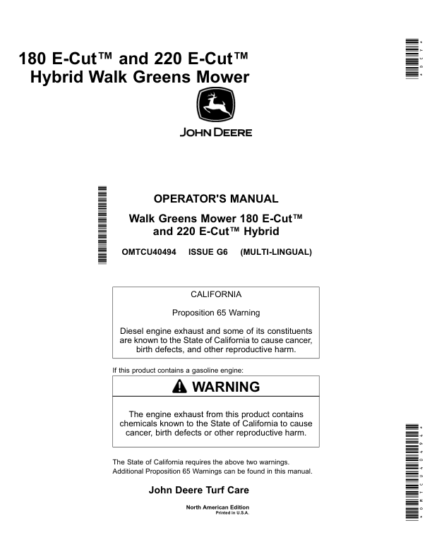 John Deere 180 E-Cut, 220 E-Cut Hybrid Walk Greens Mower (North American) Operator's Manual (OMTCU40494)