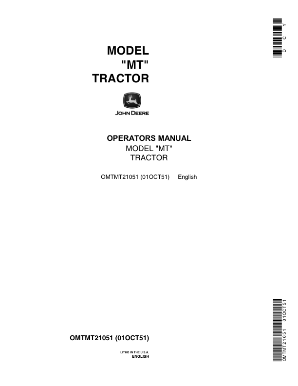 John Deere MT Utility Tractor Operator's Manual (OMTMT21051)