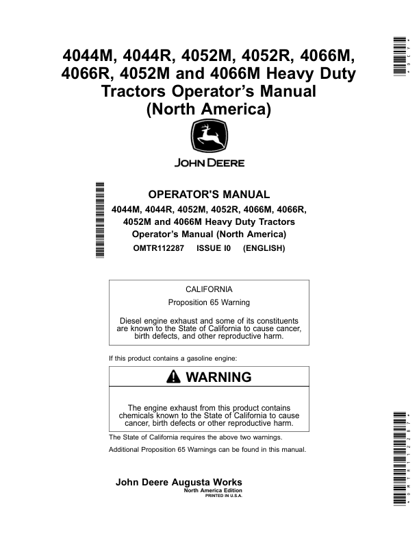 John Deere 4044M, 4044R, 4052M, 4052R, 4066M, 4066R Tractors, 4052M, 4066M Heavy Duty Compact Utility Tractors (North America) (L100001-) Operator's Manual (OMTR112287)