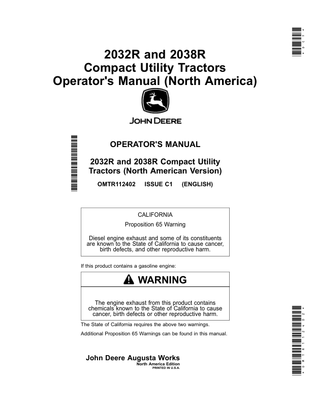 John Deere 2032R, 2038R Compact Utility Tractors (KL100001-) (North America) Operator's Manual (OMTR112402)