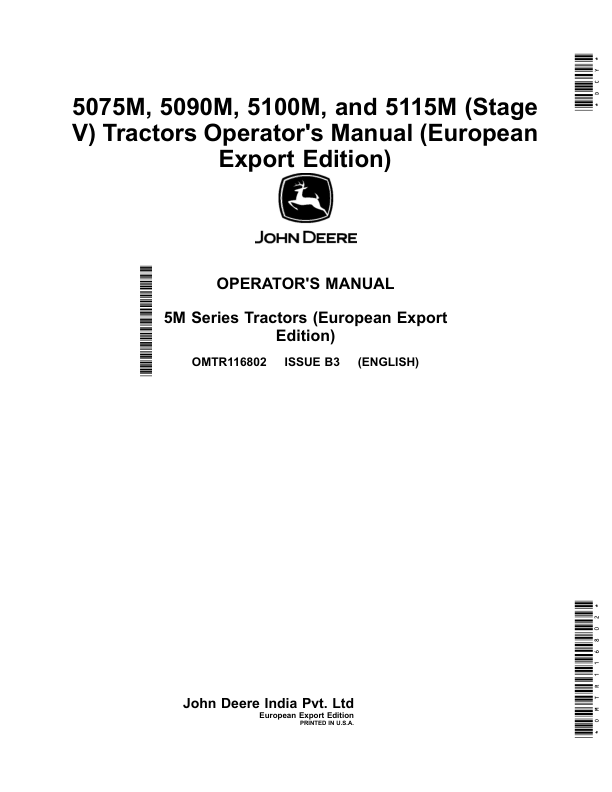 John Deere 5075M, 5090M, 5100M, 5115M (Stage V) Tractors (European Export Edition) Operator's Manual (OMTR116802)
