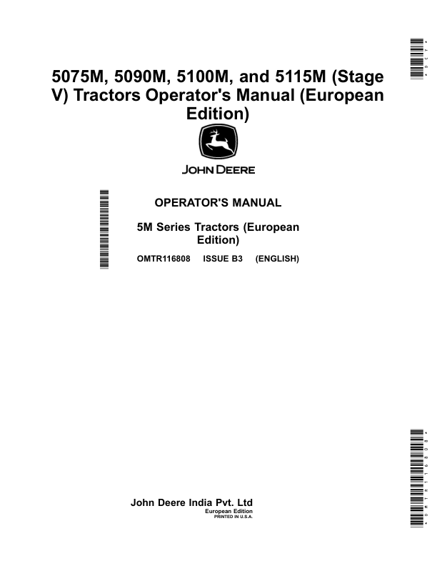 John Deere 5075M, 5090M, 5100M, 5115M Tractors (Stage V) (European Edition) Operator's Manual (OMTR116808)