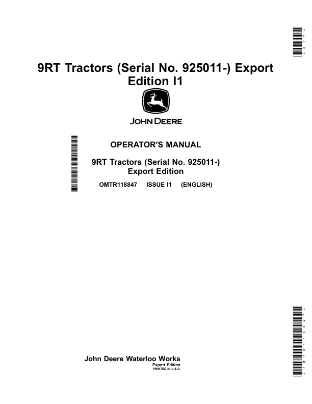 John Deere 9RT Tractors (925011-) (Export Edition) Operator's Manual (OMTR118847)