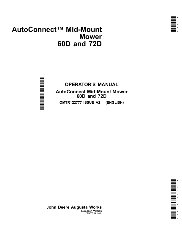 John Deere Mid-Mount Mower 60D, 72D (European Version) Operator's Manual (OMTR122777)