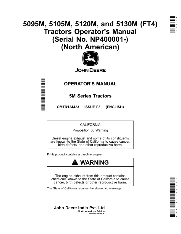 John Deere 5095M, 5105M, 5120M, 5130M (FT4) Tractors (NP400001-) (North American) Operator's Manual (OMTR124423)