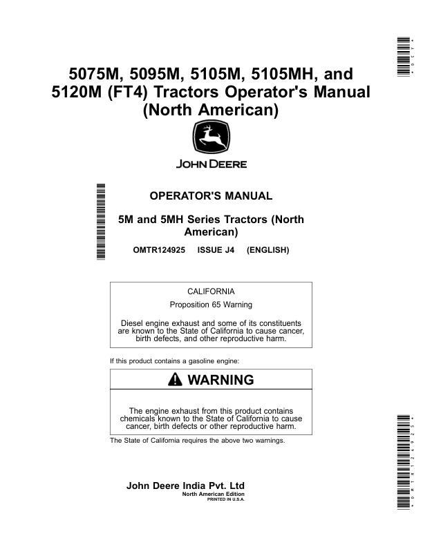 John Deere 5075M, 5095M, 5105M, 5105MH, 5120M (FT4) Tractors (North American) Operator's Manual (OMTR124925)