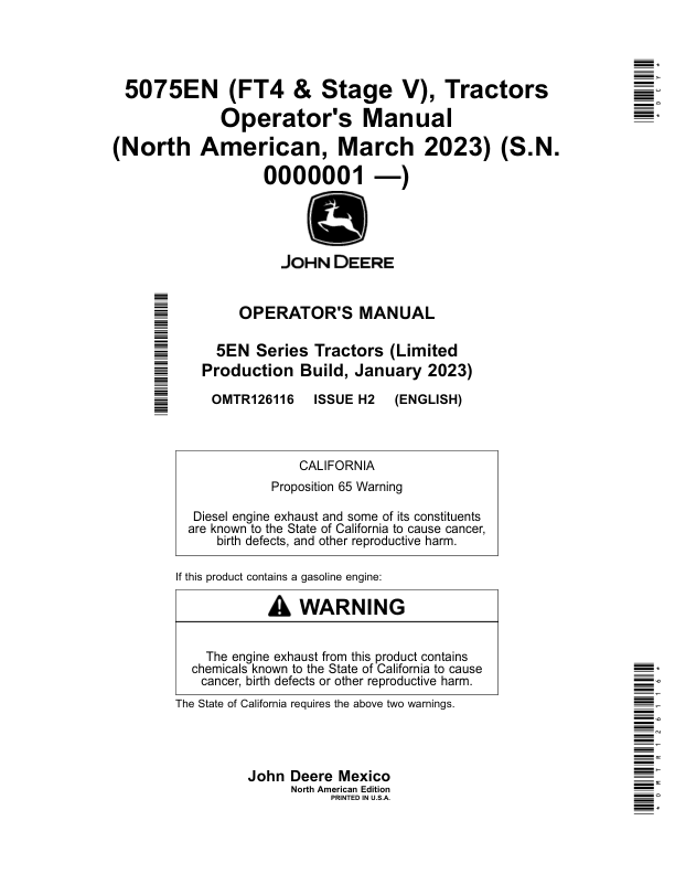 John Deere 5075EN (FT4 & Stage V), Tractors (March 2023, 0000001-) (North American) Operator's Manual (OMTR126116)