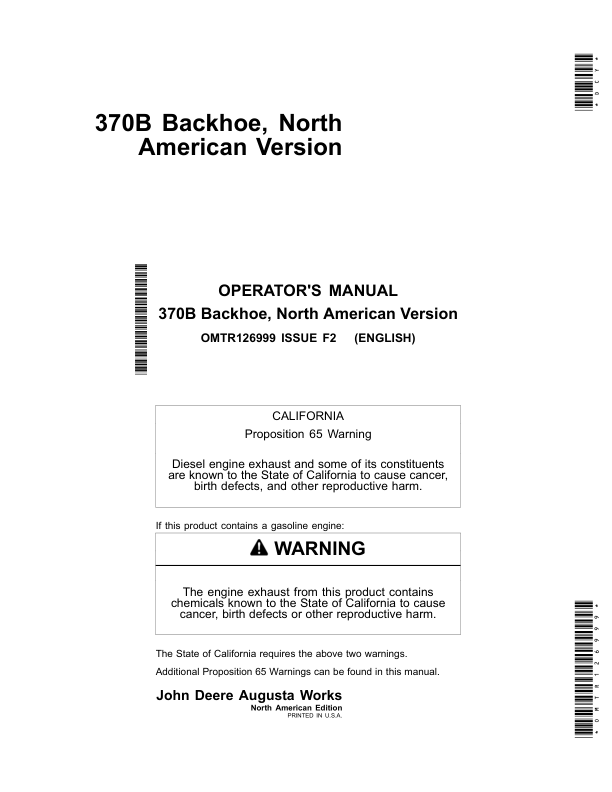 John Deere 370B Backhoe (North American Version) Operator's Manual (OMTR126999)