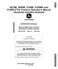 John Deere 5075M, 5095M, 5105M, 5105MH, 5120M (FT4) Tractors (Australia, New Zealand) Operator's Manual (OMTR127862)