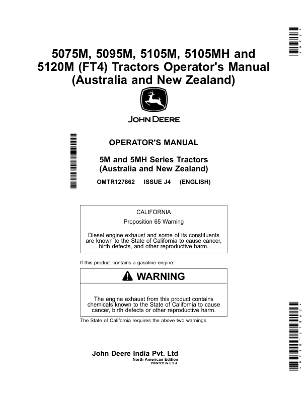 John Deere 5075M, 5095M, 5105M, 5105MH, 5120M (FT4) Tractors (Australia, New Zealand) Operator's Manual (OMTR127862)