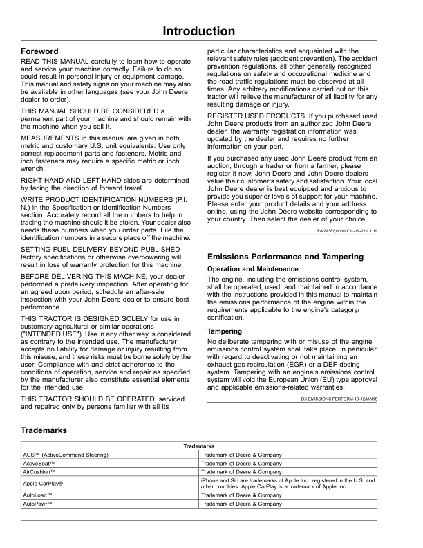 John Deere 9RT Tractors (Serial No. 926001-), Export Edition G2 Operator's Manual (OMTR129361) - Image 2