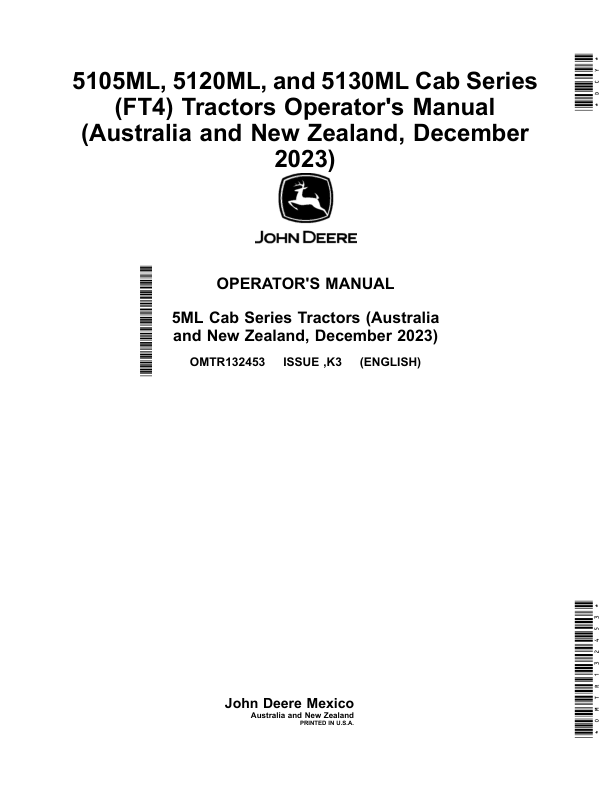 John Deere 5105ML, 5120ML, 5130ML Cab Series (FT4) Tractors (November 2022) (Australia, New Zealand) Operator's Manual (OMTR132453)