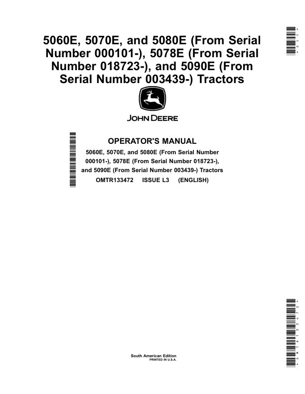 John Deere 5060E, 5070E, 5080E (From Serial Number 000101-), 5078E (From Serial Number 018723-), 5090E (From Serial Number 003439-) Tractors Operator's Manual (OMTR133472)