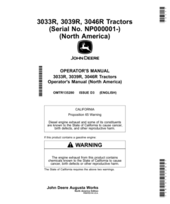 John Deere 3033R, 3039R, 3046R Tractors (NP000001-) (North America Edition) Operator's Manual (OMTR135280)
