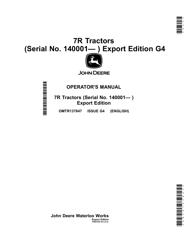 John Deere 7R Tractors (Serial No. 140001- ) Export Edition Operator's Manual (OMTR137847)