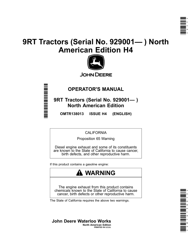John Deere 9RT Tractors (Serial No. 929001-) North America Operator's Manual (OMTR138013)