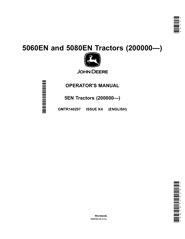 John Deere 5060EN, 5080EN Tractors (200000—) Operator's Manual (OMTR140297)
