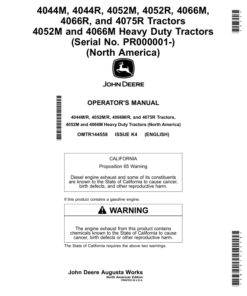 John Deere 4044M, 4044R, 4052M, 4052R, 4066M, 4066R, 4075R Tractors 4052M, 4066M Heavy Duty Tractors (Serial No. PR000001-) (North America) Operator's Manual (OMTR144558)