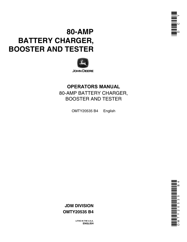 John Deere 80 AMP Battery Charger, Booster & Tester Operator's Manual (OMTY20535)