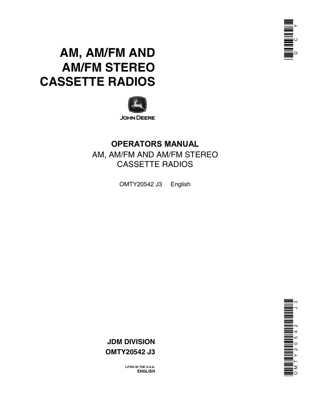 John Deere AM, AM/FM Stereo Cassette Radios Operator's Manual (OMTY20542)