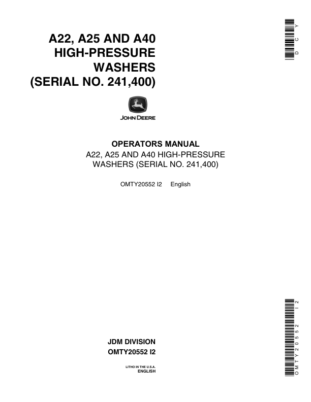 John Deere A22, A25, A40 High-Pressure Washers Operator's Manual (OMTY20552)