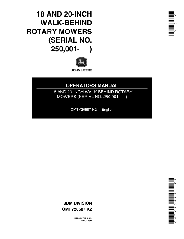 John Deere 18, 21-Inch Walk Behind Rotary Mowers Operator's Manual (OMTY20587)