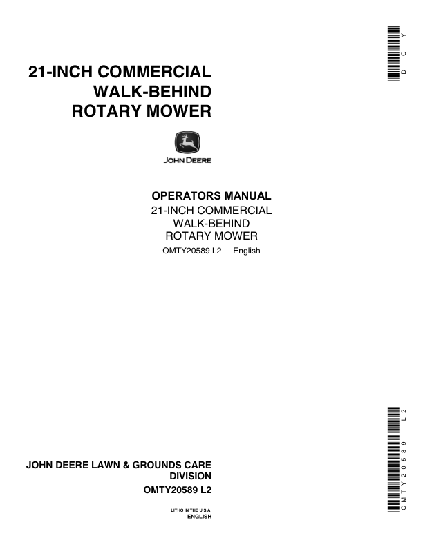 John Deere 21-Inch Commercial Walk-Behind Rotary Mower Operator's Manual (OMTY20589)
