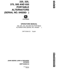 John Deere 225, 325, 375, 500, 650 Portable Alternator Operator's Manual (OMTY20590)