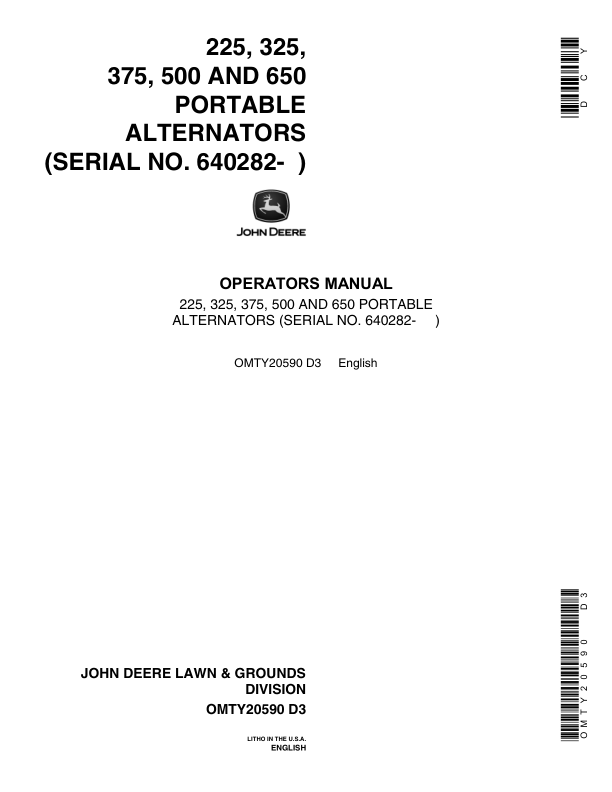 John Deere 225, 325, 375, 500, 650 Portable Alternator Operator's Manual (OMTY20590)
